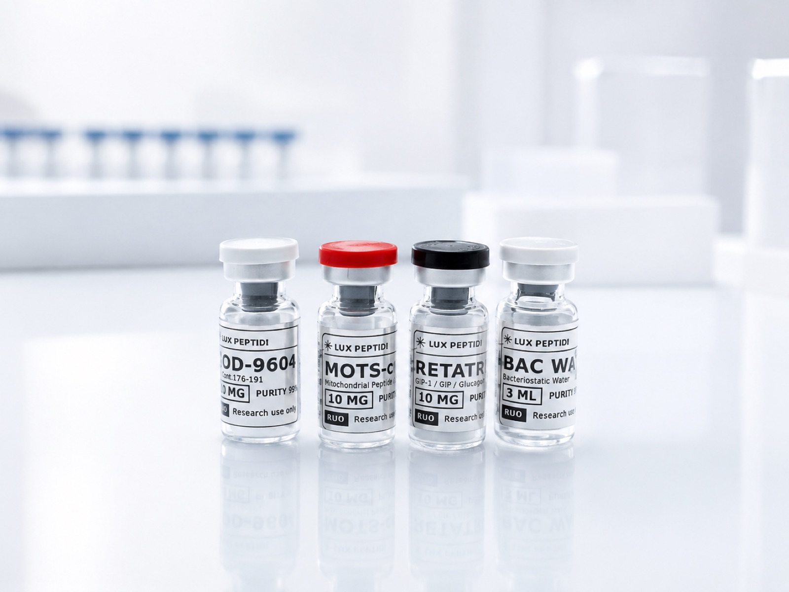 Bočice Lux Peptidi: AOD-9604, MOTS-c, Retatrutide i BAC voda s originalnim etiketama